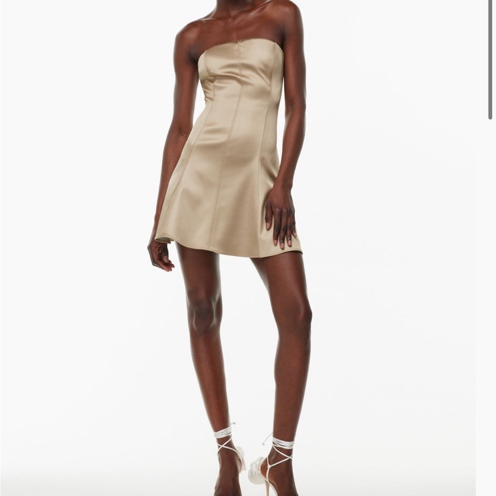 Aritzia Interest Satin Dress, SOLD OUT, size 4, gold/humus beige